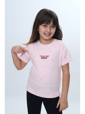 Toontoy Kız Çocuk Bisiklet Yaka Düşük Omuz Kısa Kollu  Baskılı Tişört 24983