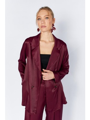 Tena Kadın Mürdüm Gold Tek Düğmeli Floş Saten Ceket