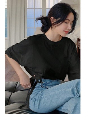 Tarz Cool Kadın Oversize Basic Haki Tişört Yan Bağlamalı Rahat Kesim Günlük Yazlık T-Shirt
