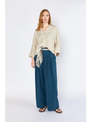 Tena Kadın Lacivert YP5115 Çift Pileli Bol Paça Tencel Pantolon