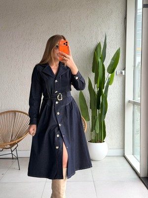 Qimya Butik Levure Kadın Kuşaklı Kruvaze V Yakalı Likralı Uzun Kollu Full Düğmeli Gömlek Elbise