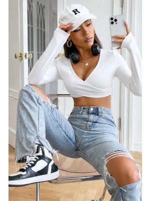 Tarz Cool Kadın Crop Bluz Uzun Kollu V Yaka Fit Basic Şık Üst