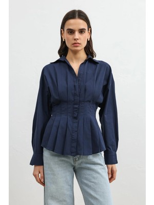 Antioch Lacivert Pilili Poplin Kadın Gömlek