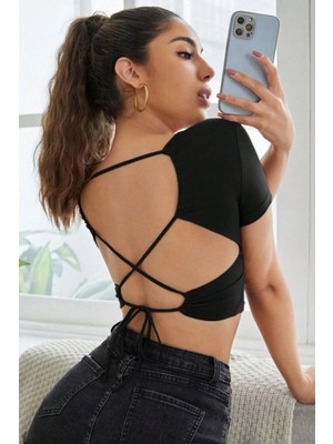 Tarz Cool Kadın Sırtı Açık Bağlama Detaylı Kısa Kollu Crop Tişört