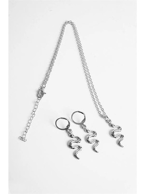 twingold Yılan Tasarımlı Gold ve Gümüş Renkleri Kolye Küpe Takım