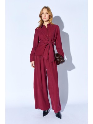 Tena Kadın Mürdüm Bağlamalı Gömlekli Bol Paça Pantolonlu Takım