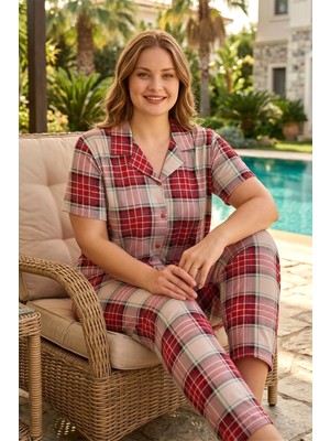 Remsa Büyük Beden Kadın Kısa Kol Milan Kumaş Pijama Takımı 50501-2174 Kırmızı02