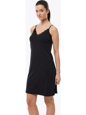 Malabadi Kadın Siyah Ince Askılı Çift Yönlü Elbise Astarı Dantelli Modal Kombinezon 1047