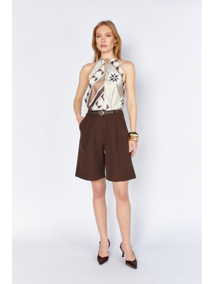 Tena Kadın Kahve 2037 Tek Pileli Kemerli Bermuda Şort