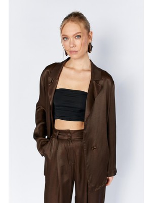 Tena Kadın Kahve Gold Tek Düğmeli Floş Saten Ceket