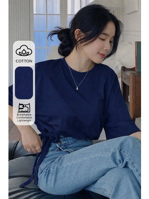 Tarz Cool Kadın Oversize Basic Haki Tişört Yan Bağlamalı Rahat Kesim Günlük Yazlık T-Shirt