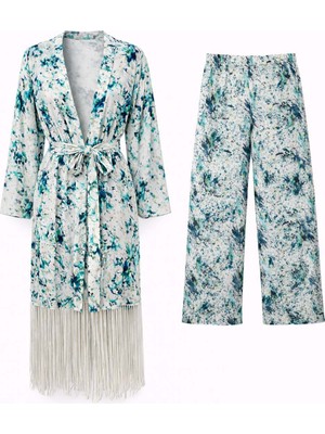 Senna Design Kadın Desenli Kuşaklı Kimono ve Bol Paça Pantolon Takım - Mix