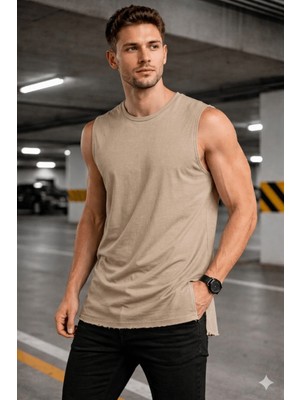 Tarz Cool Erkek Kolsuz Regular Fit Basic Atlet Yan Yırtmaçlı Pis Yaka Tişört