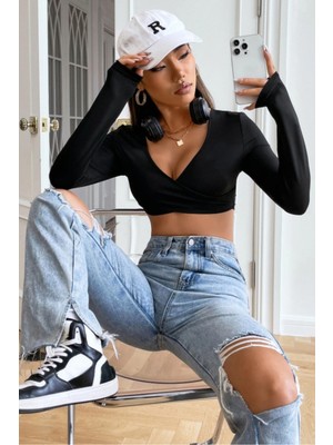 Tarz Cool Kadın Crop Bluz Uzun Kollu V Yaka Fit Basic Şık Üst