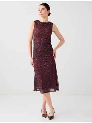 Jimmy Key Koyu Kahve Dar Kesim Kayık Yaka Puantiyeli Mesh Midi Elbise