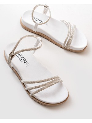 Zerenyus ZRİN-1001-1100 Premium Beyaz Gümüş Taşlı Günlük Kadın Sandalet