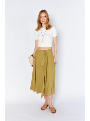 Tena Kadın Olive 3495 Beli Kemerli Parça Detaylı Etek