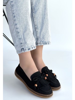 Erbilden Boriy Siyah Deri Tozu Süet Babet Ayakkabı