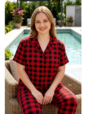Remsa Büyük Beden Kadın Kısa Kol Milan Kumaş Pijama Takımı 50501-2323 KIRMIZ03