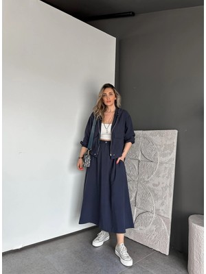 Qimya Butik Qimene Kadın Kapüşonlu Fermuarlı Üst Beli Büzgülü Lastikli Uzun Etekli Ince Alt Üst Ikili Takım