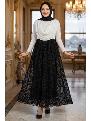 Hafsa Mina Flok Baskılı Astarlı Çiçek Desenli Tül Etek Siyah HM2902