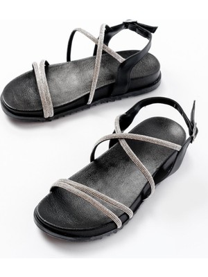 Zerenyus ZRİN-1001-1105 Premium Siyah Gümüş Taşlı Günlük Kadın Sandalet