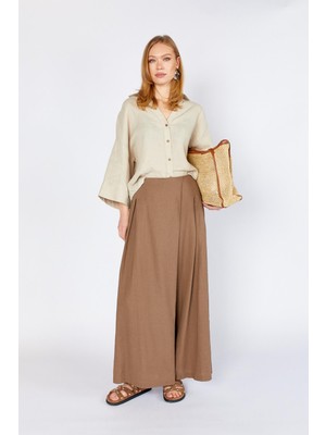 Tena Kadın Kahve Anvelop Model Keten Pantolon