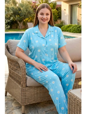 Remsa Büyük Beden Kadın Kısa Kol Milan Kumaş Pijama Takımı 50501-2484 MAVI03