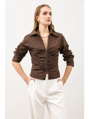 Antioch Kahve Büzgülü Poplin Kadın Gömlek