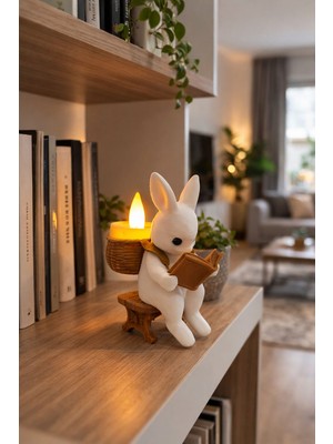 Printorium Kitap Okuyan Tavşan 10 cm LED Mumluk – Dekoratif Kitaplık, Salon ve Masa Üstü Biblo