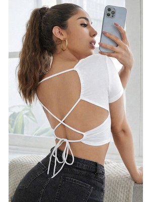 Tarz Cool Kadın Sırtı Açık Bağlama Detaylı Kısa Kollu Crop Tişört