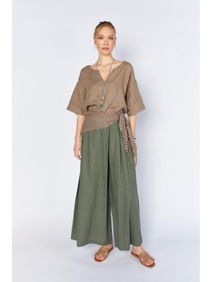 Tena Kadın Haki Anvelop Model Keten Pantolon