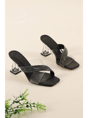 Firibu Taşlı Şeffaf Topuklu Bantlı Topuklu Terlik Ayakkabı