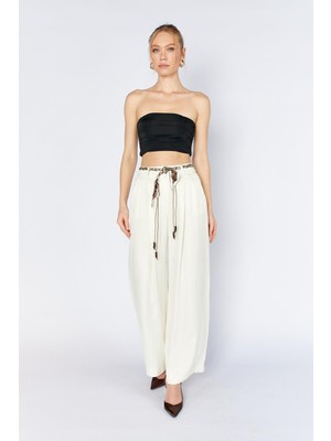 Tena Kadın Krem Beli Fular Kemerli Floş Saten Bol Paça Pantolon