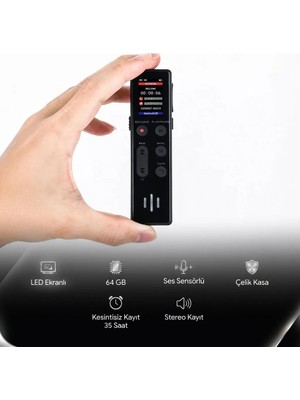 Siyah 64GB Dijital Ekranlı Ses Kayıt Cihazı Ekrandan Kayıtlarınızı Seçip Dinleme Kayıt Li-Ion Dayanıklı Batarya