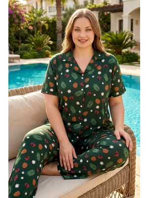 Remsa Büyük Beden Kadın Kısa Kol Milan Kumaş Pijama Takımı 50501-2315 Haki