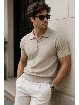 Tarz Cool Erkek Fermuarlı Polo Yaka Triko Tişört Slim Fit Dokulu Yazlık Şık Casual