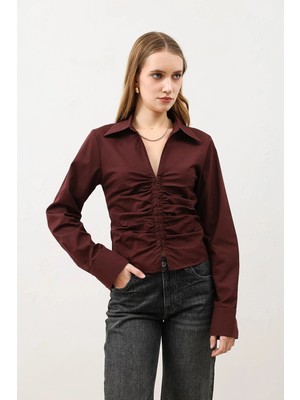 Antioch Bordo Büzgülü Poplin Kadın Gömlek