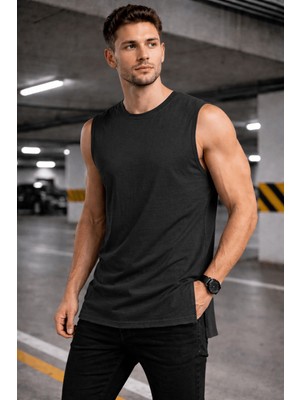 Tarz Cool Erkek Kolsuz Regular Fit Basic Atlet Yan Yırtmaçlı Pis Yaka Tişört