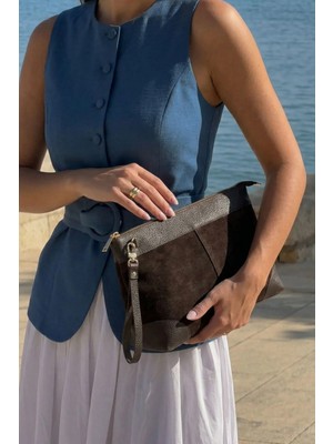 Marjin Kadın Hakiki Deri Clutch & Portföy El Çantası Endoz Kahve Süet