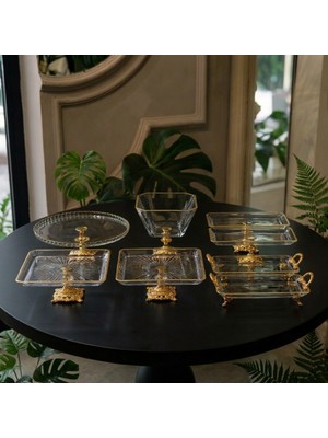 Elta Collection 8 Parça Ayaklı ve Kulplu Masa Sunum Tabağı Seti Gold&gümüş