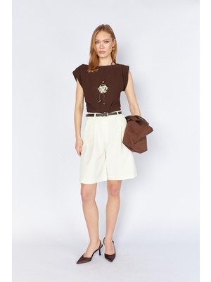 Tena Kadın Krem 2037 Tek Pileli Kemerli Bermuda Şort