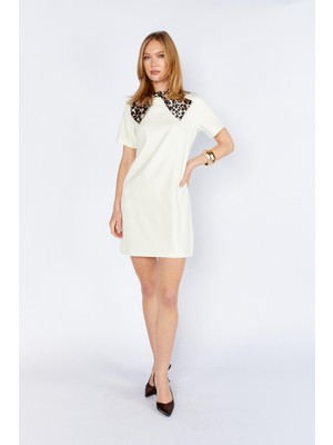Tena Kadın Krem 5704 Yakası Fularlı Kısa Kollu Mini Elbise