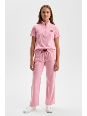 Toontoy Kız Çocuk 2'li Takım Dik Yaka Yarım Fermuar Kısa Kollu Nakışlı Tişört & Beli Lastikli Bol Paça Bağlamalı Eşofman Altı 24999