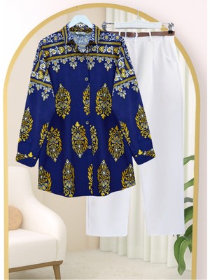 Modamorfo Oval Kesim Boydan Düğmeli Viskon Tunik -Indigo