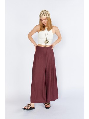 Tena Kadın Bordo Anvelop Model Keten Pantolon
