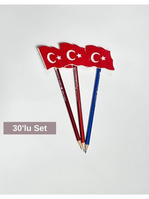 Türk Bayraklı Keçe Kalem Başlığı ve Kurşun Kalem Seti,23 Nisan,milli Bayramlar,ilkokul-Okul Öncesi(20'li-30'lu Set)