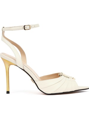 Derimod Kadın Beyaz Bilekten Tokalı Ince Topuklu Deri Sandalet 26SFD490018