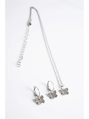 twingold Kelebek Tasarımlı Zirkon Taşlı Kolye Küpe Takım