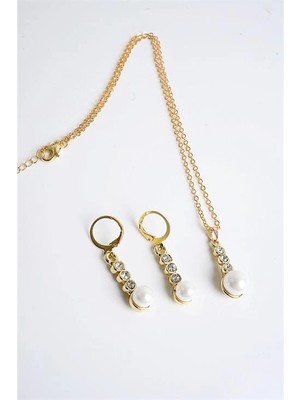 twingold Inci ve Zirkon Taşlı Gold Renkli Kolye Küpe Seti